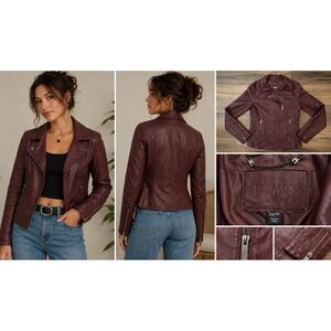 Buffalo David Bitton Burgundy Faux Leather Moto Jacket Women's XS Asymmetrical
